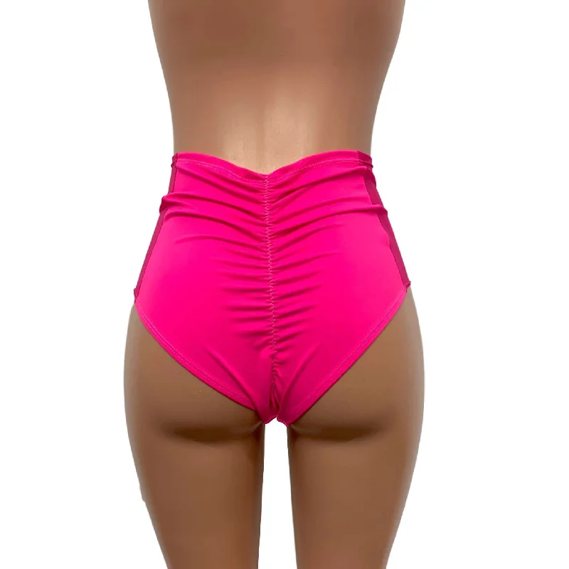 Mesh Side Scrunch Bikini - High Waist - Neon Pink