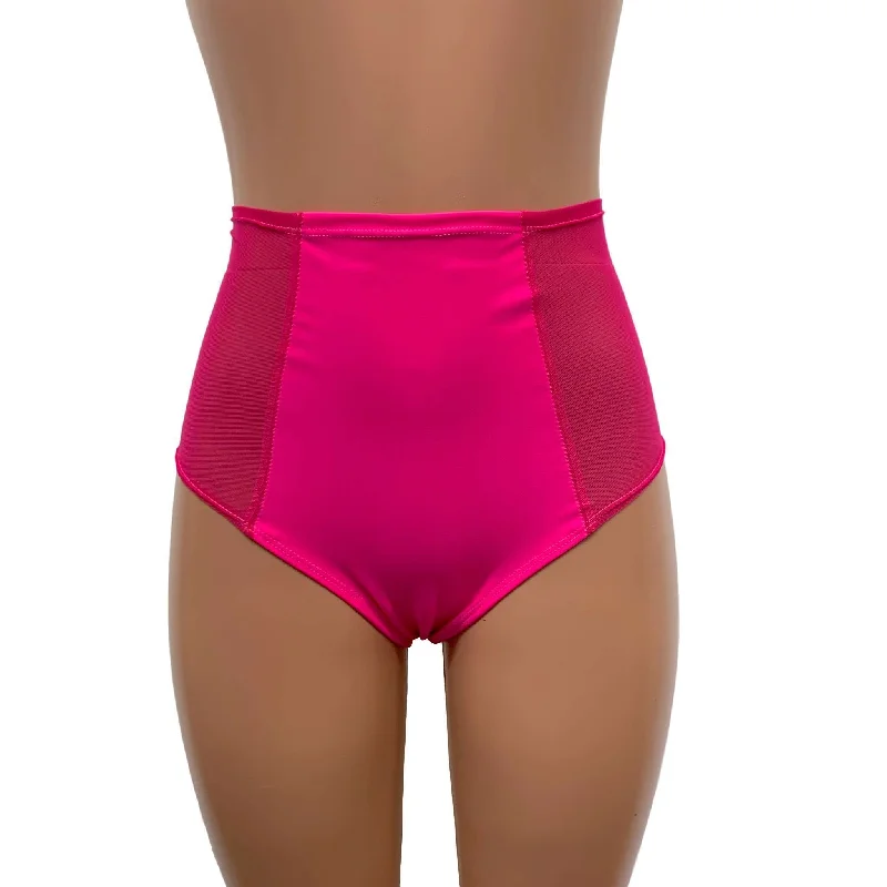 Mesh Side Scrunch Bikini - High Waist - Neon Pink