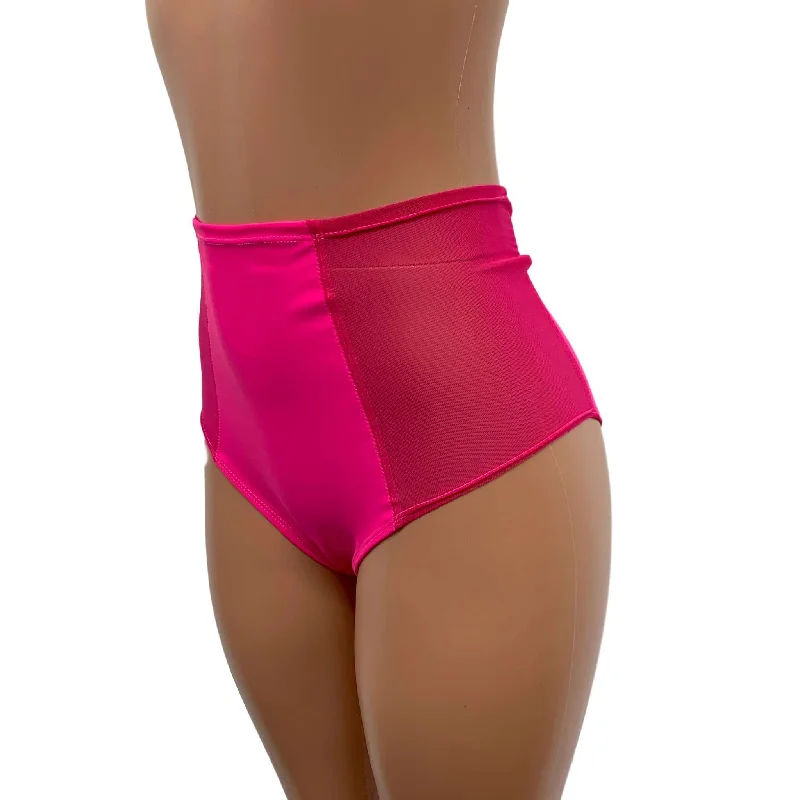 Mesh Side Scrunch Bikini - High Waist - Neon Pink