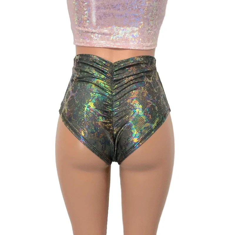 High Waist Scrunch Bikini Hot Pants - Gray Holographic Snakeskin