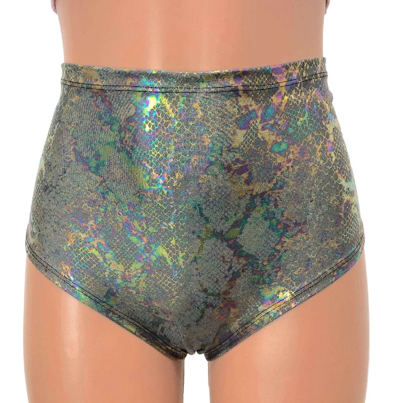 High Waist Scrunch Bikini Hot Pants - Gray Holographic Snakeskin