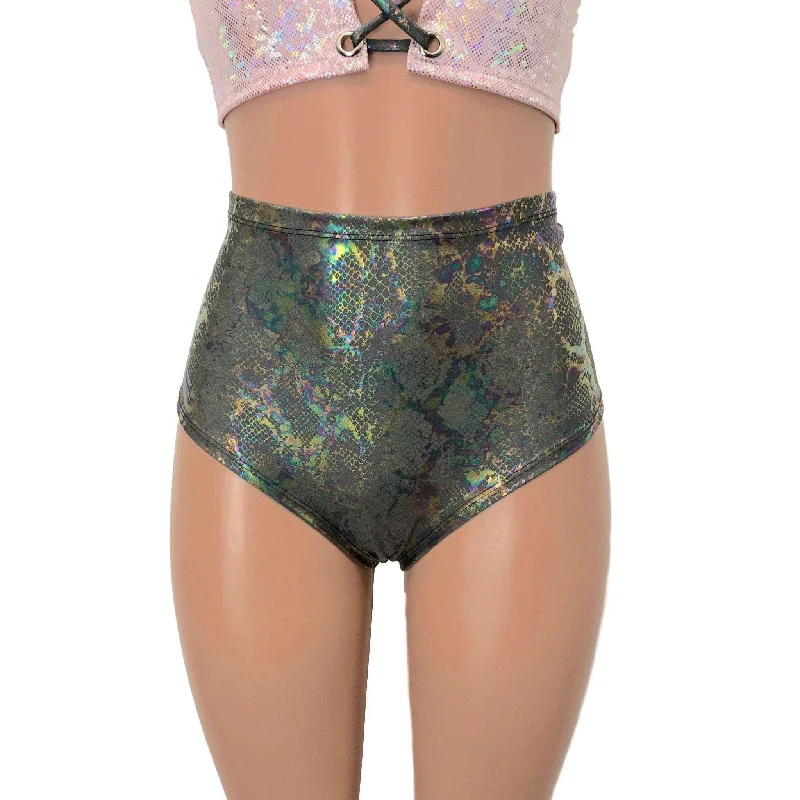 High Waist Scrunch Bikini Hot Pants - Gray Holographic Snakeskin