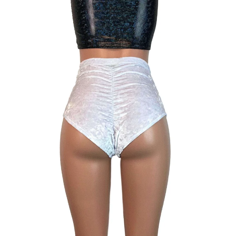 High Waist Scrunch Bikini Hot Pants - White Crushed Velvet