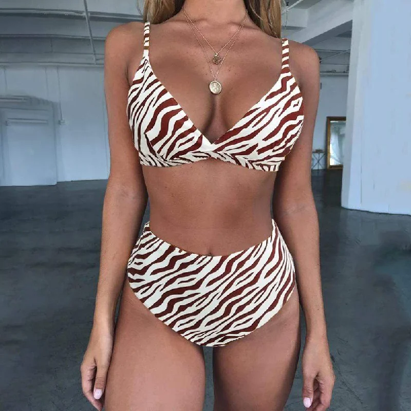 Women's Zebra Stripes Top With High Leg Bikini Set