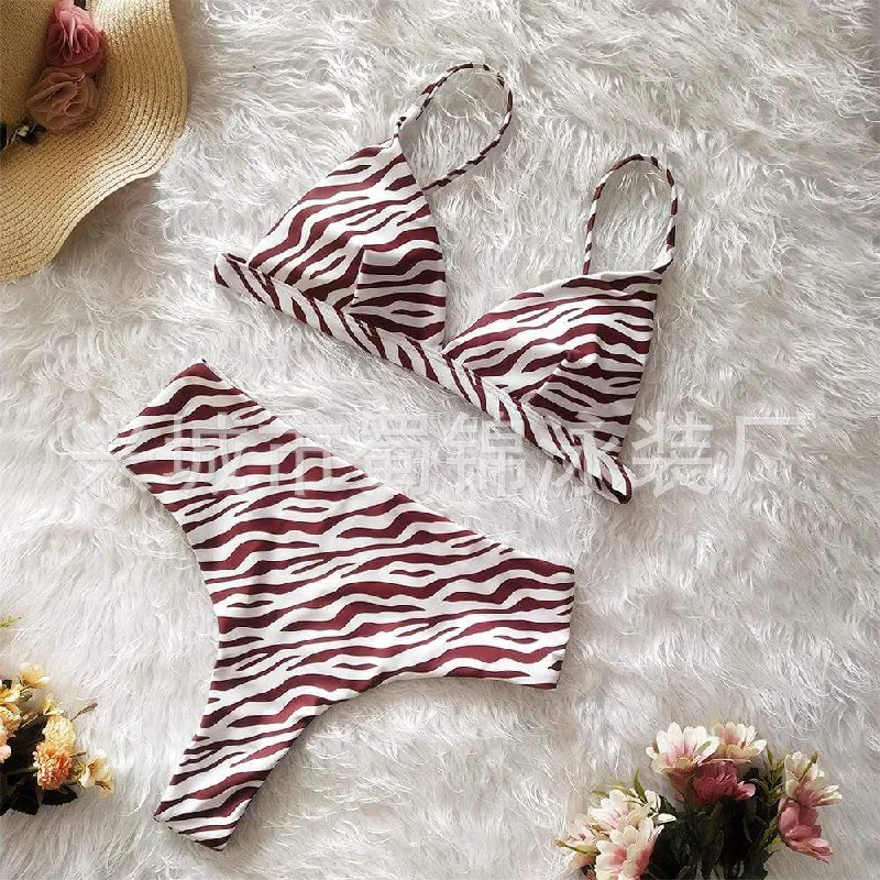 Women's Zebra Stripes Top With High Leg Bikini Set