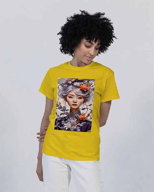 Beautiful Asian woman grey hair blossom Unisex Heavy Cotton T-Shirt | Gildan