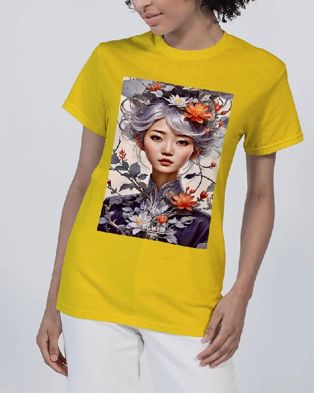 Beautiful Asian woman grey hair blossom Unisex Heavy Cotton T-Shirt | Gildan