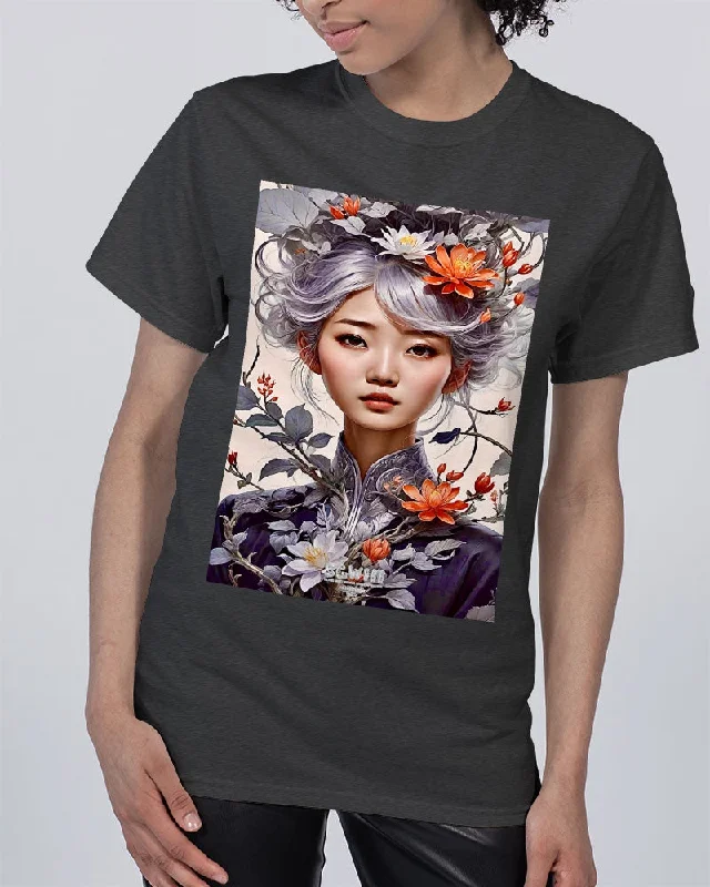 Beautiful Asian woman grey hair blossom Unisex Tee | Champion