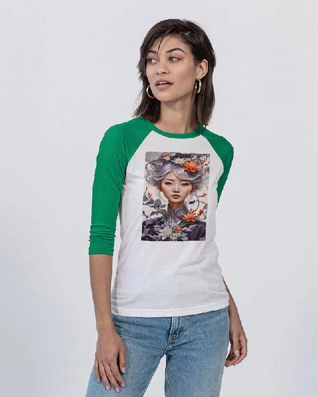 Beautiful Asian woman grey hair blossom Unisex Three-Quarter Sleeve Baseball Tee | Bella + Canvas