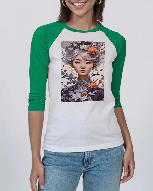 Beautiful Asian woman grey hair blossom Unisex Three-Quarter Sleeve Baseball Tee | Bella + Canvas