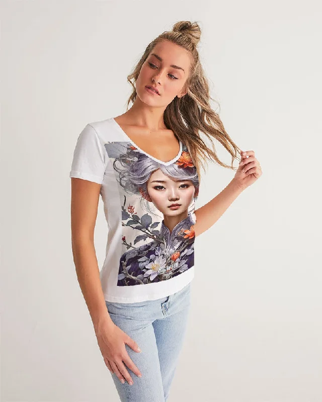 Beautiful Asian woman grey hair blossom Women's All-Over Print V-Neck Tee