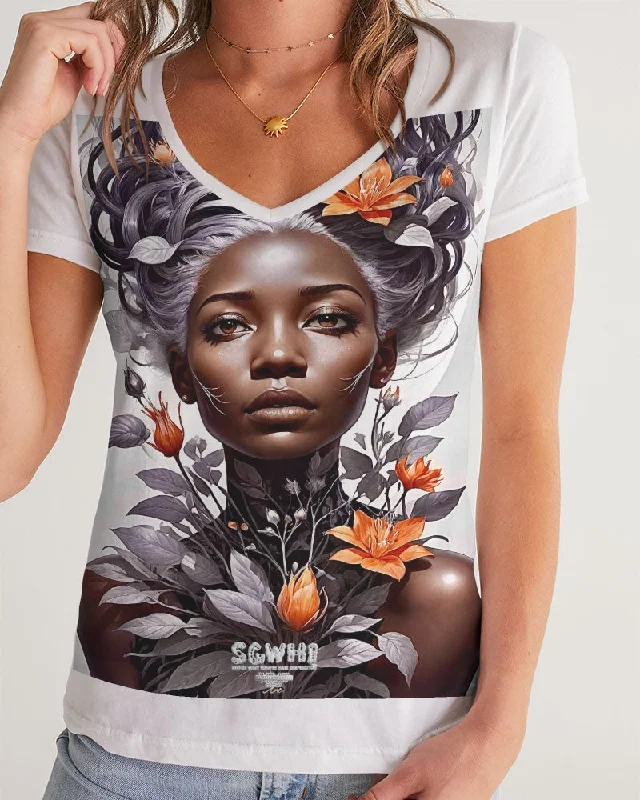 Beautiful black silver grey hair blossom women Women's All-Over Print V-Neck Tee