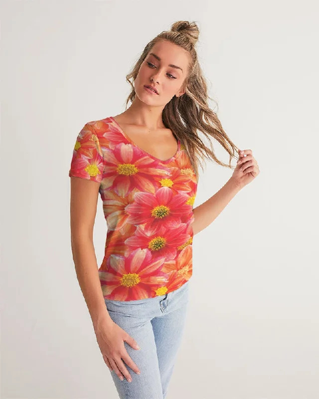 Beautiful blood orange flower design Women's All-Over Print V-Neck Tee