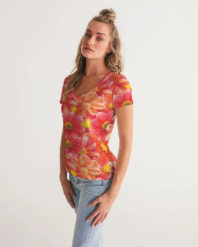 Beautiful blood orange flower design Women's All-Over Print V-Neck Tee