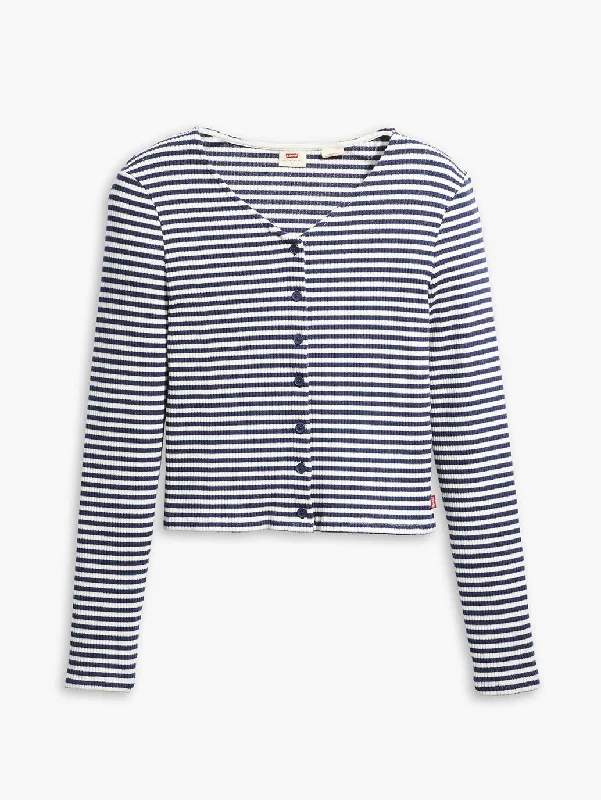 LEVI'S WOMEN'S MONICA LONG SLEEVE T-SHIRT PENNY STRIPE CLOUD DANCER