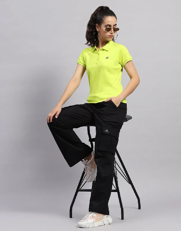 Women Fluorescent Green Solid Polo Collar Half Sleeve T Shirt