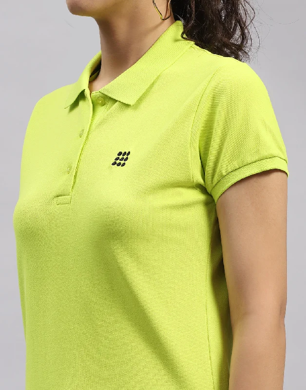 Women Fluorescent Green Solid Polo Collar Half Sleeve T Shirt