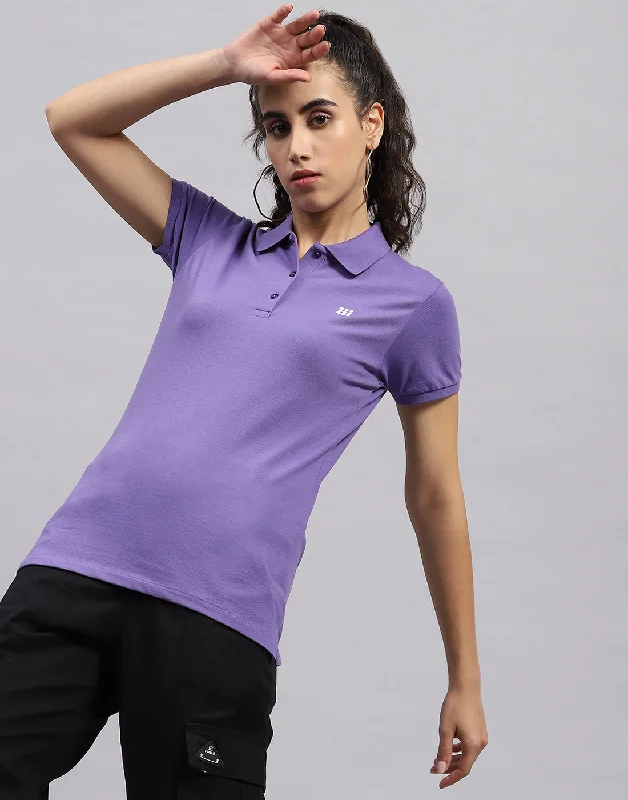 Women Purple Solid Polo Collar Half Sleeve T Shirt