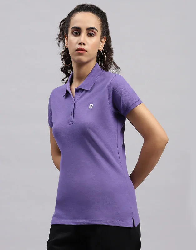 Women Purple Solid Polo Collar Half Sleeve T Shirt