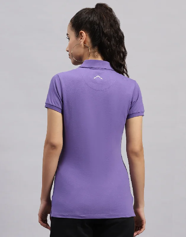 Women Purple Solid Polo Collar Half Sleeve T Shirt