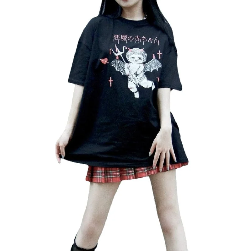 Women's Grunge Little Devil Printed Casual Black Tee