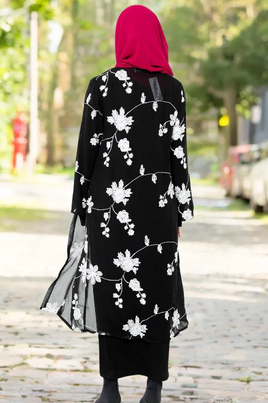 Black and White Embroidered Sheer Midi Cardigan