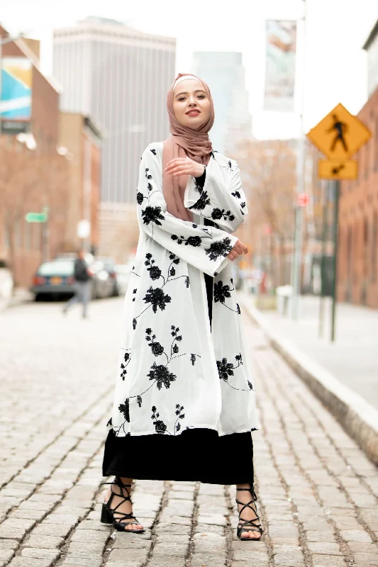 White and Black Embroidered Sheer Midi Cardigan