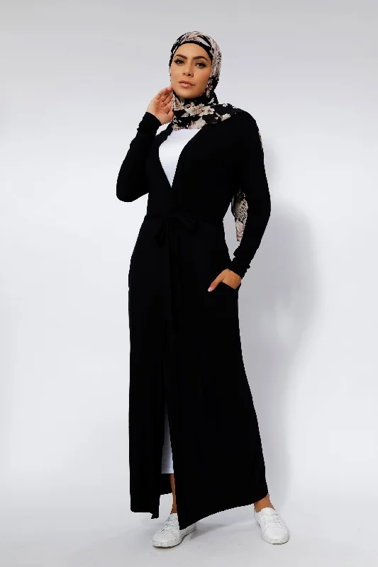 Black Belted Cotton Non-Sheer Maxi Cardigan-PREORDER