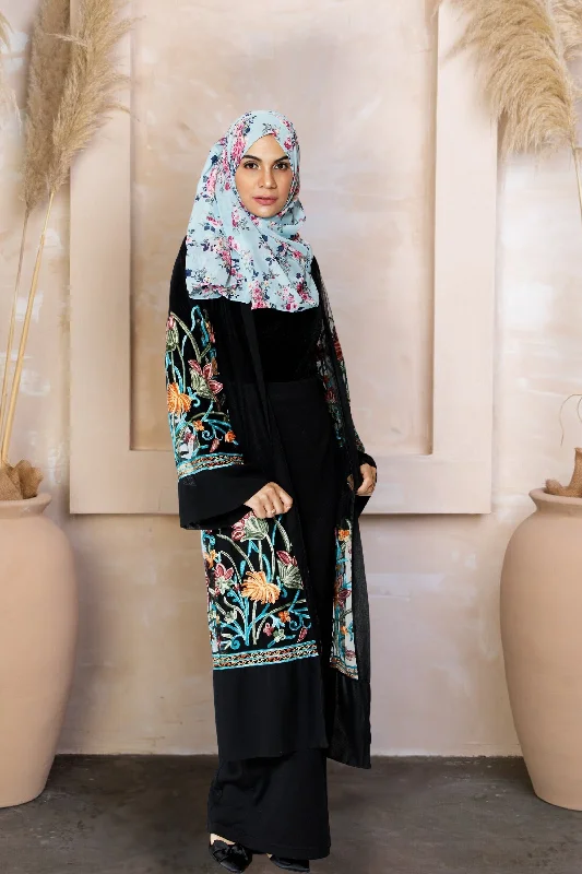 Black Floral Embroidered Sheer Midi Cardigan