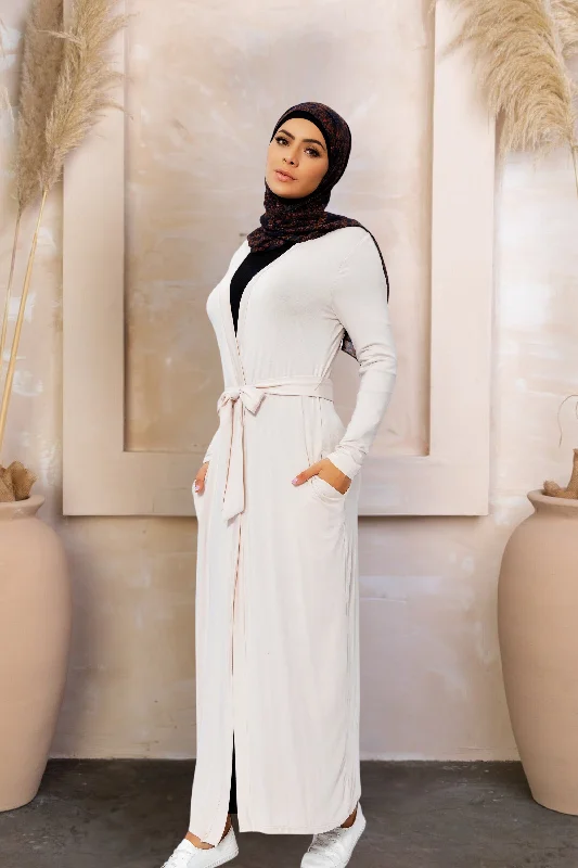 Cream Belted Cotton Non-Sheer Maxi Cardigan