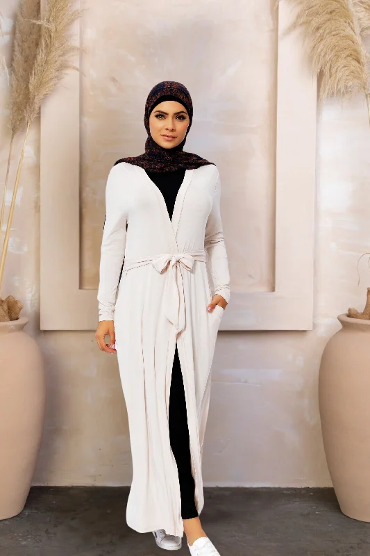 Cream Belted Cotton Non-Sheer Maxi Cardigan