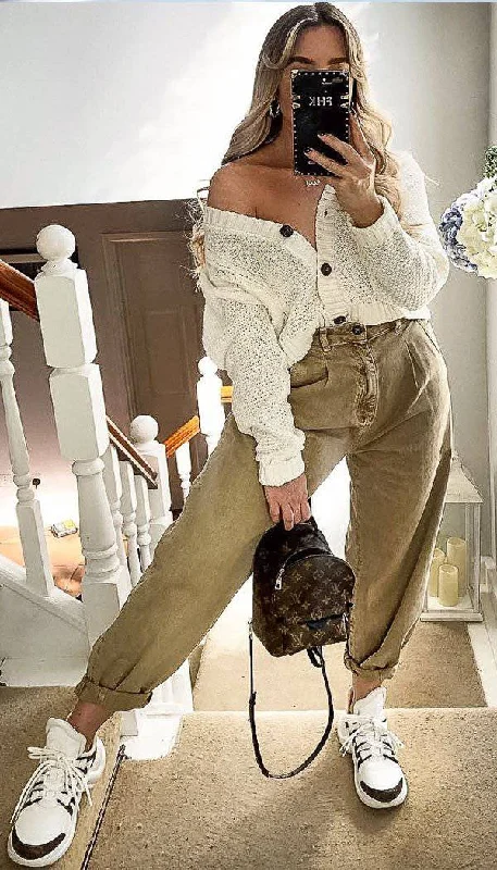 Cropped Cable Cardigan In Cream