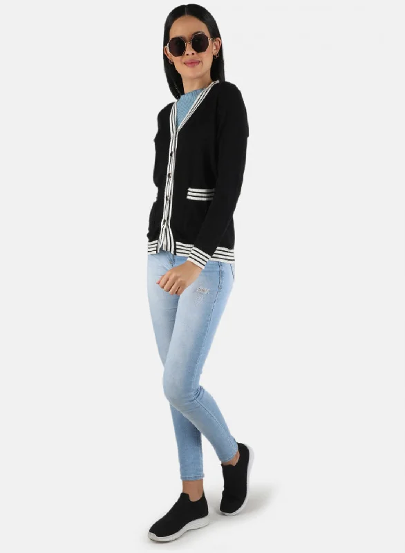 Women Black Self Design Cardigan