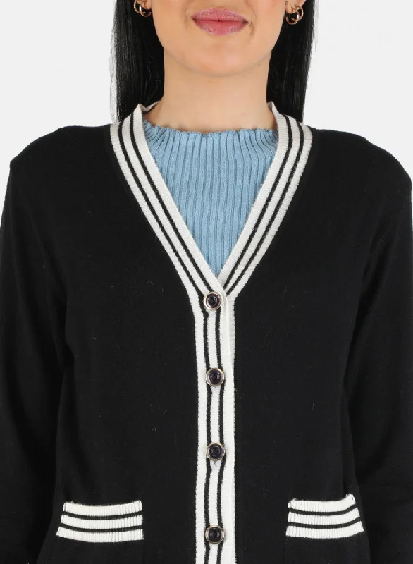 Women Black Self Design Cardigan