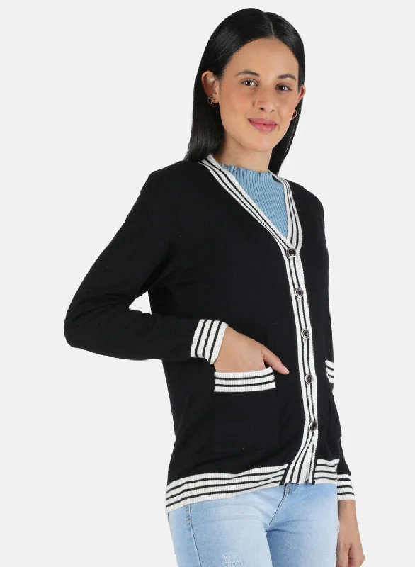 Women Black Self Design Cardigan