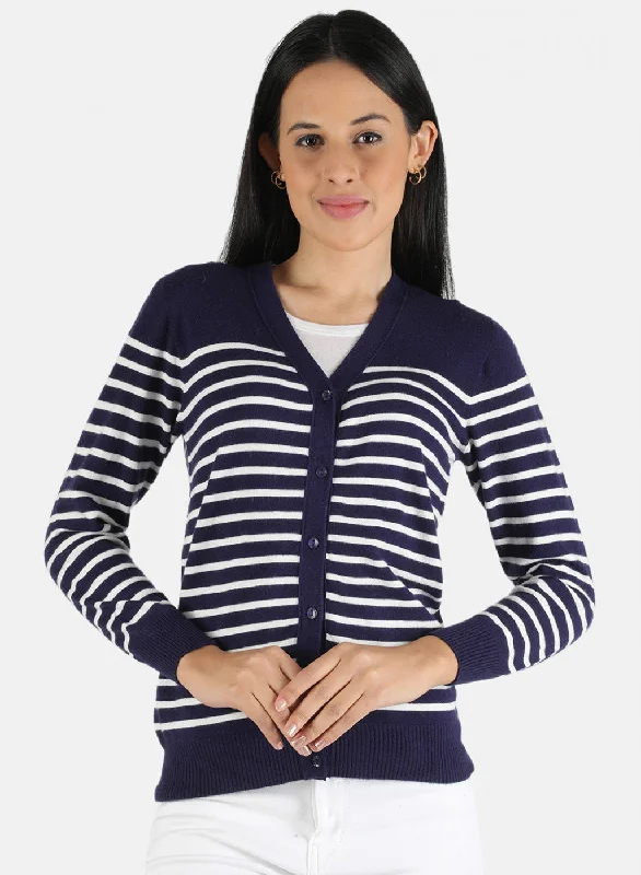 Women Blue Self Design Cardigan