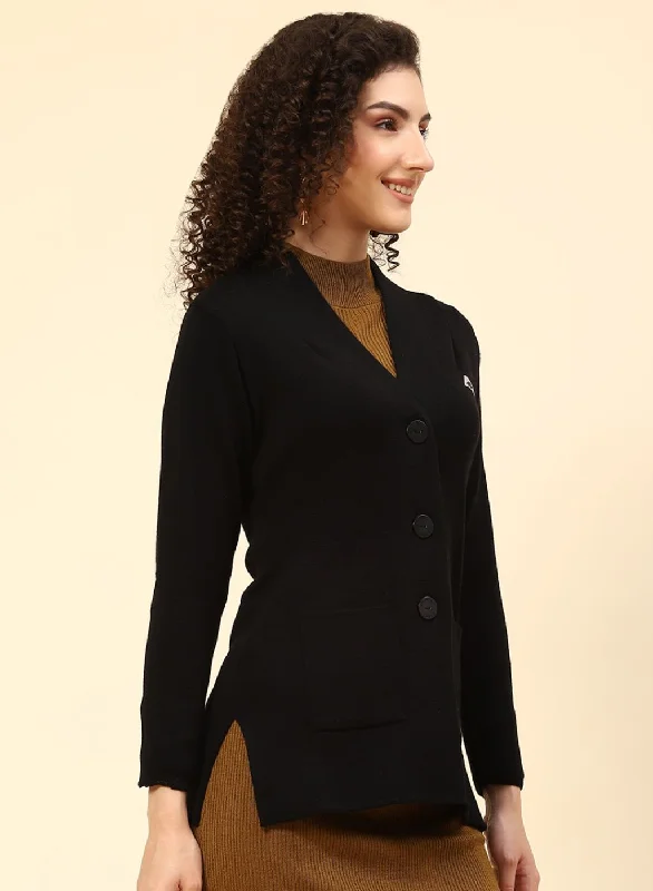 Women Black Solid Pure wool Cardigan