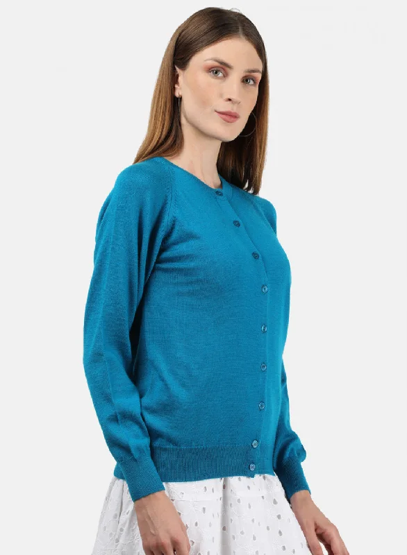 Women Blue Solid Cardigan