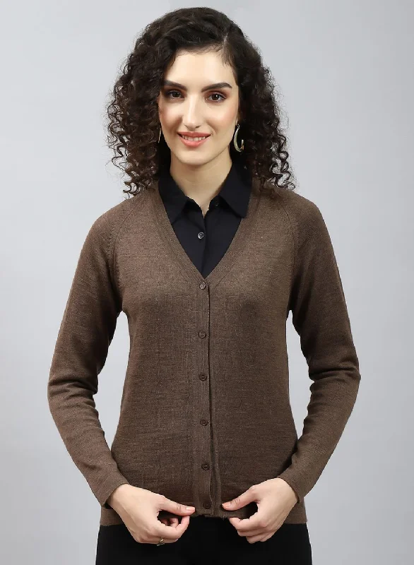 Women Brown Solid Pure wool Cardigan