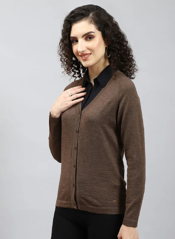 Women Brown Solid Pure wool Cardigan