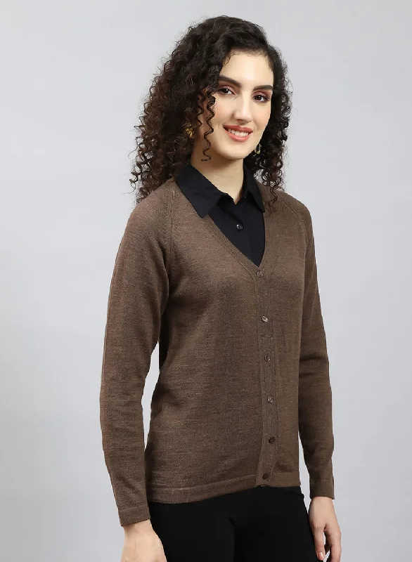 Women Brown Solid Pure wool Cardigan