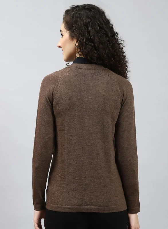 Women Brown Solid Pure wool Cardigan