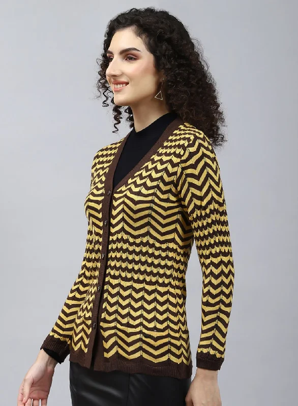 Women Brown Stripe Wool blend Cardigan