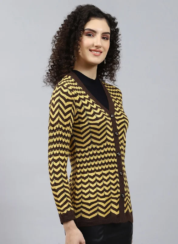 Women Brown Stripe Wool blend Cardigan