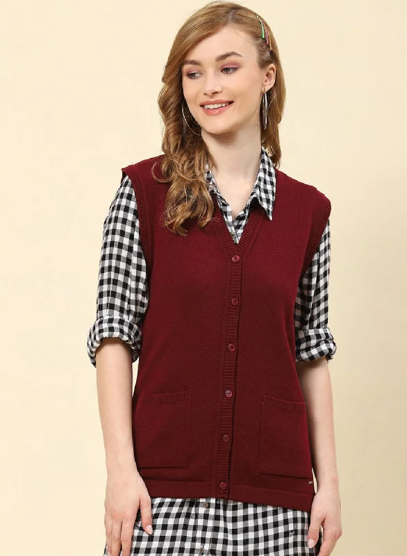 Women Burgundy Solid Blend wool Cardigan