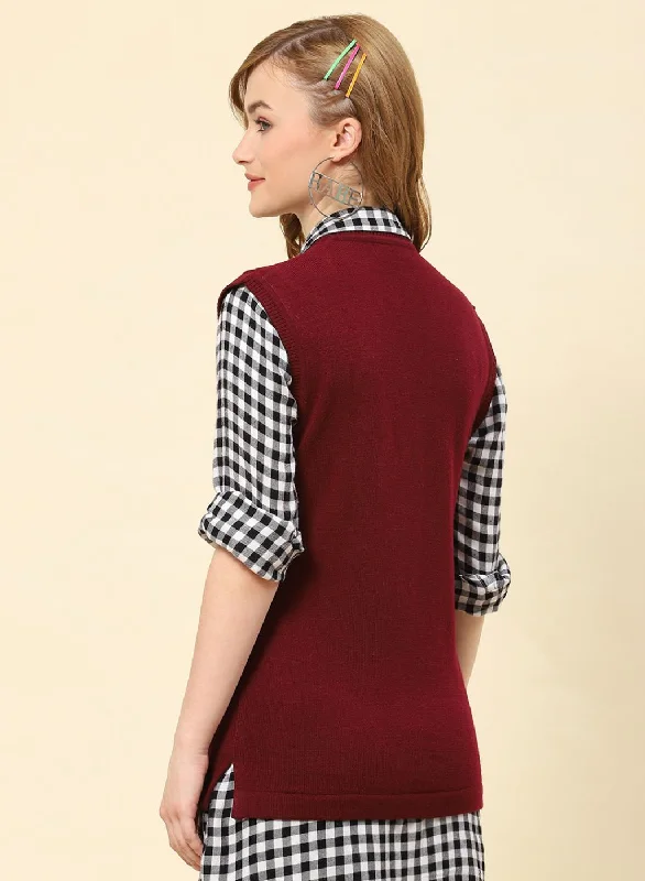 Women Burgundy Solid Blend wool Cardigan