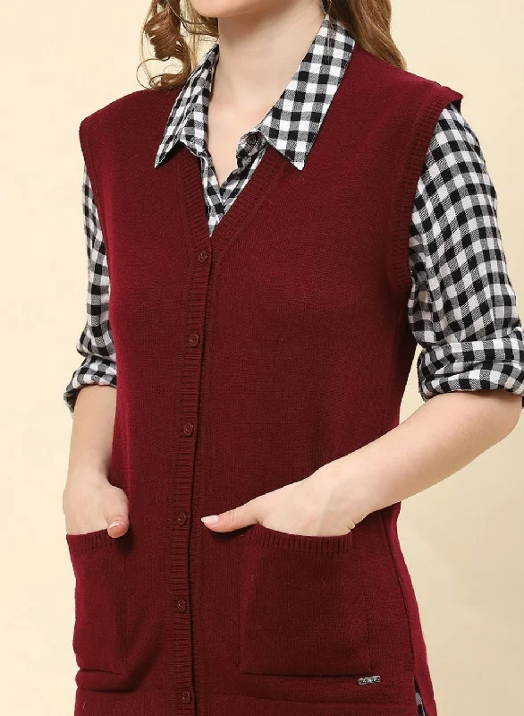 Women Burgundy Solid Blend wool Cardigan