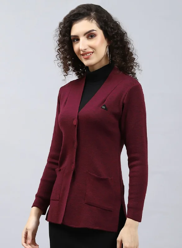 Women Maroon Solid Pure wool Cardigan