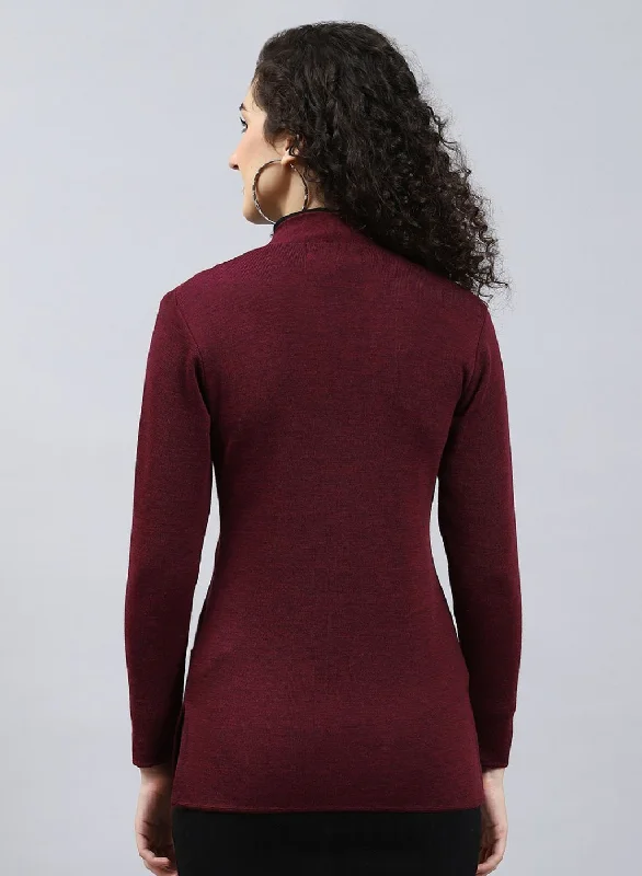 Women Maroon Solid Pure wool Cardigan