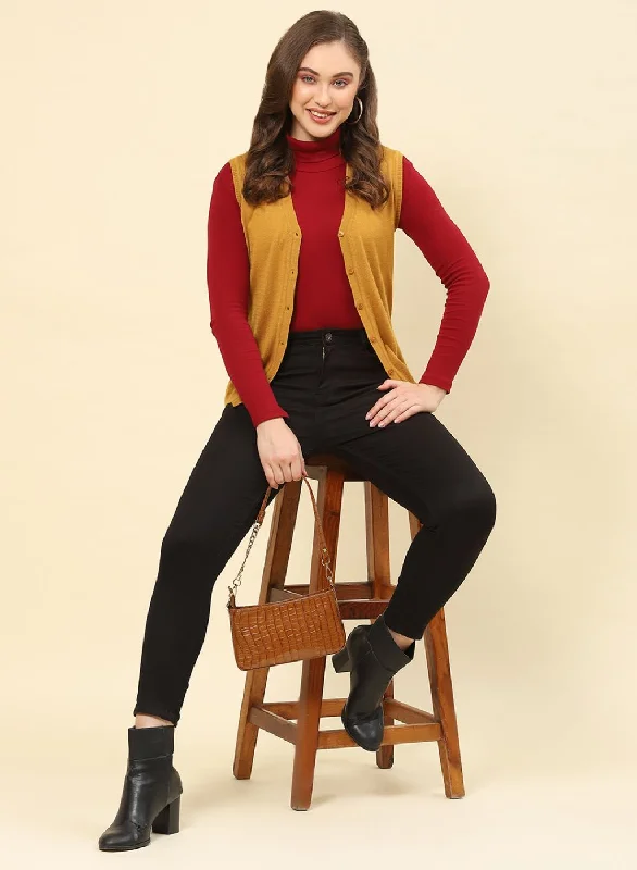 Women Mustard Solid Modal Nylone Cardigan